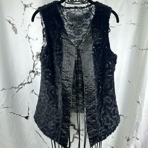 BKE Buckle Faux Fur Vest Sequins Satin Trimmed Open Front Lace Print Lining